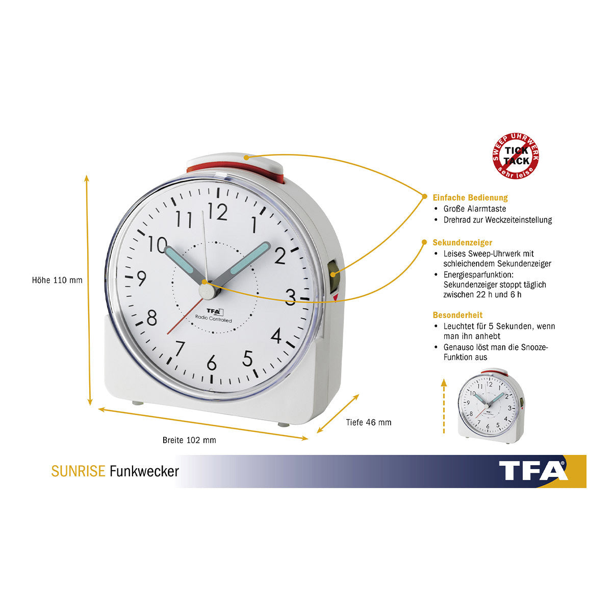 TFA-Dostmann TFA Dostmann SUNRISE Funk-Wecker – Analog, Schlummerfunktion, 10,2 × 11,0 × 4,6 cm, Weiss, Kunststoff