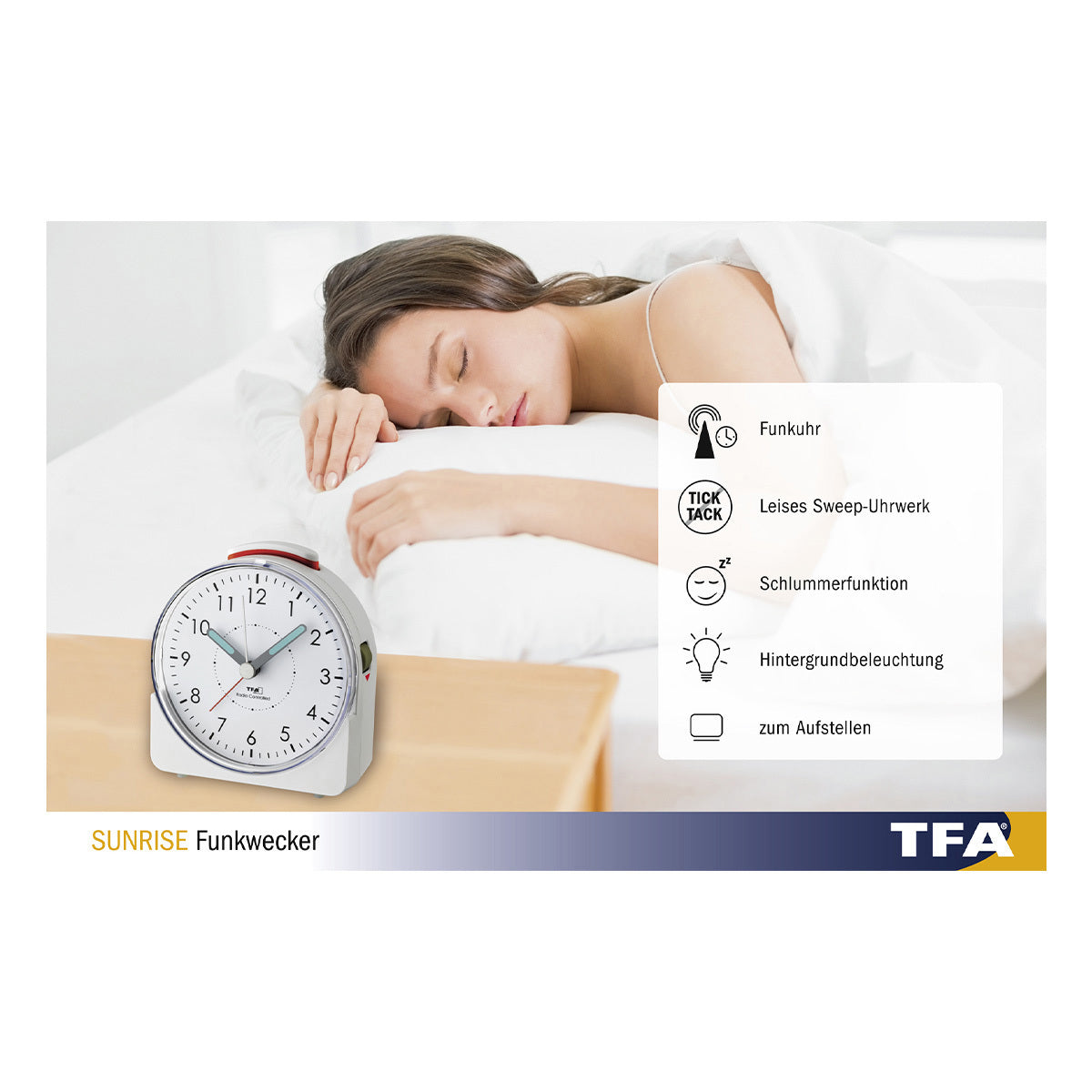 TFA-Dostmann TFA Dostmann SUNRISE Funk-Wecker – Analog, Schlummerfunktion, 10,2 × 11,0 × 4,6 cm, Weiss, Kunststoff