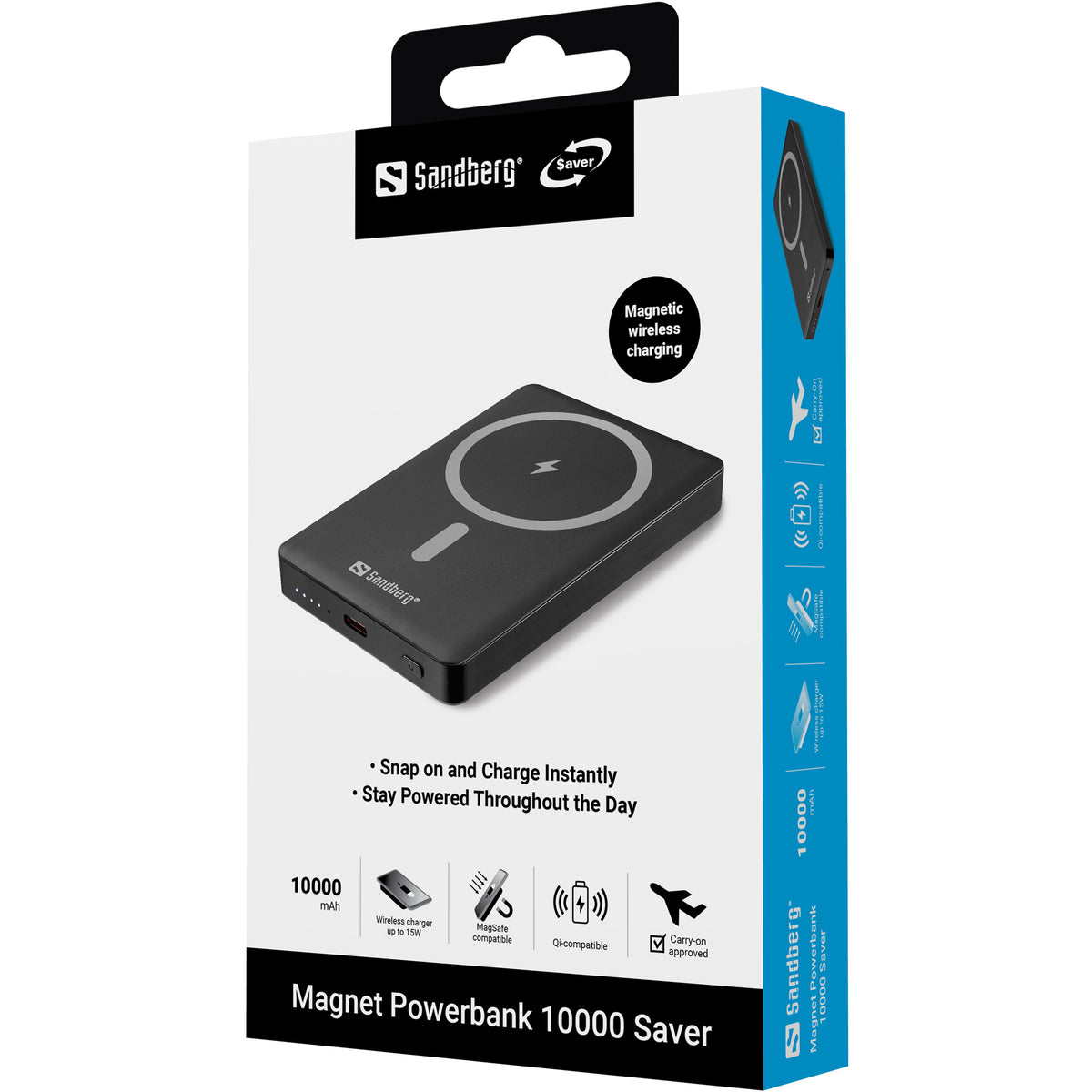 Sandberg MagSafe Powerbank 10'000 mAh – MagSafe 15 W, 1× USB-C, schwarz, für Smartphone