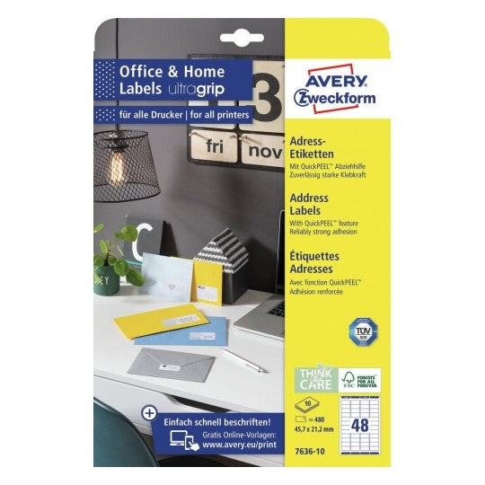Avery Adressetiketten, 46 mm × 21 mm, weiss, Papier, permanent, 10 Blätter (480 Etiketten)