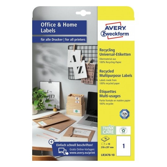 Avery Haftetiketten, 210 mm × 297 mm, naturweiss, Altpapier, permanent, 10 Blatt
