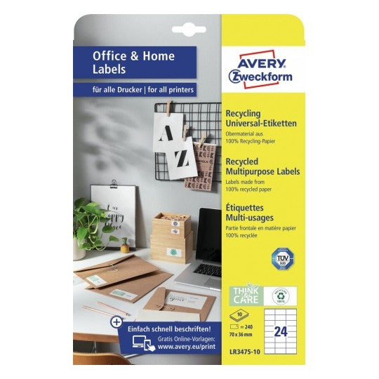 Avery A4-Etiketten, 70 mm × 36 mm, naturweiss, permanent, für Laser-/Inkjetdrucker, 240 St.