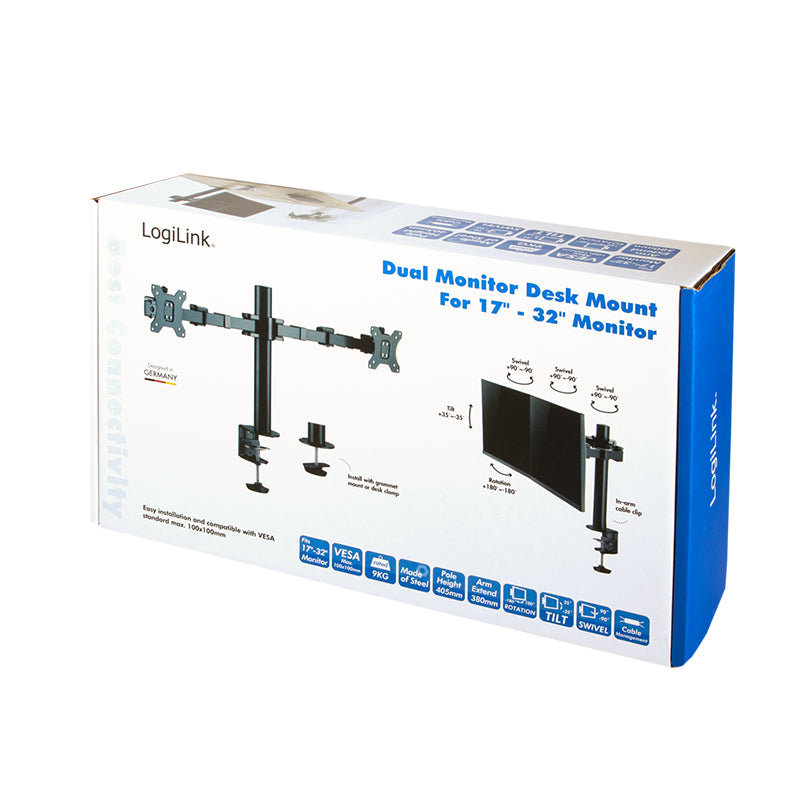 LogiLink BP0106 – Monitorarm Tischhalterung – Klemme/Durchführung – 2 Monitore – 17–32" – VESA 75×75/100×100 mm