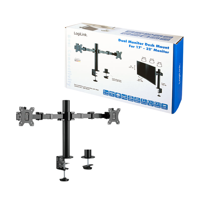 LogiLink BP0106 – Monitorarm Tischhalterung – Klemme/Durchführung – 2 Monitore – 17–32" – VESA 75×75/100×100 mm