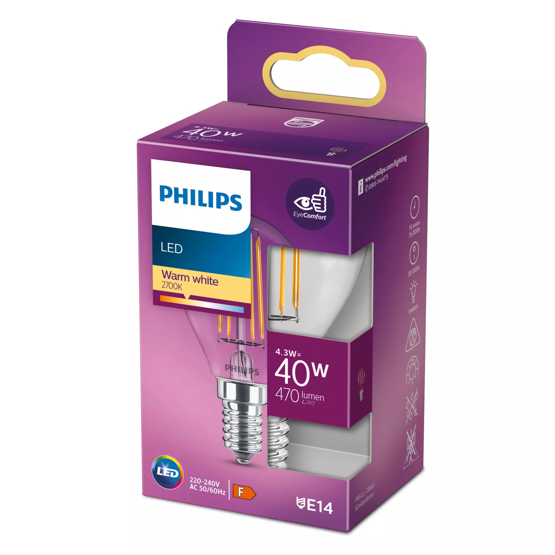 Philips by Signify Philips LED-Leuchtmittel E14 P45 – Warmweiss 2700 K, 470 lm, 4,3 W – 1 Stk., klar