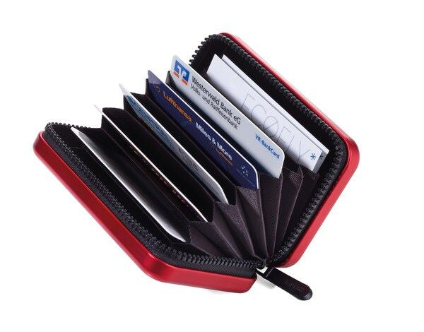 TROIKA Kartenetui – 9 Taschen, 20 Karten – 30×105 mm – Rot – Aluminium, Polyester