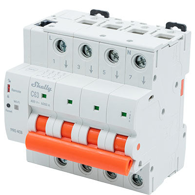 Shelly Pro 4CB – Zubehör – 4-poliger Leitungsschutzschalter, 63 A, WLAN, LAN, Bluetooth – für DIN-Schiene