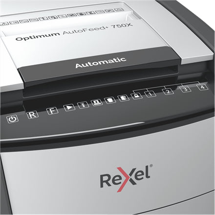Rexel Optimum AutoFeed+ 750X – Aktenvernichter mit Autofeed 750 Blatt, DIN P-4, Partikelschnitt 4 × 30 mm, 140