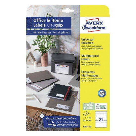 Avery Etiketten A4 70 × 41 mm – Papier, weiss – permanent haftend – Laser/Inkjet – 21 pro Blatt, 10 Blätter