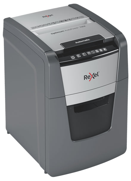 Rexel Optimum AutoFeed+ 100X – Aktenvernichter mit Autofeed 100 Blatt, DIN P-4, Partikelschnitt 4 × 28 mm, 34
