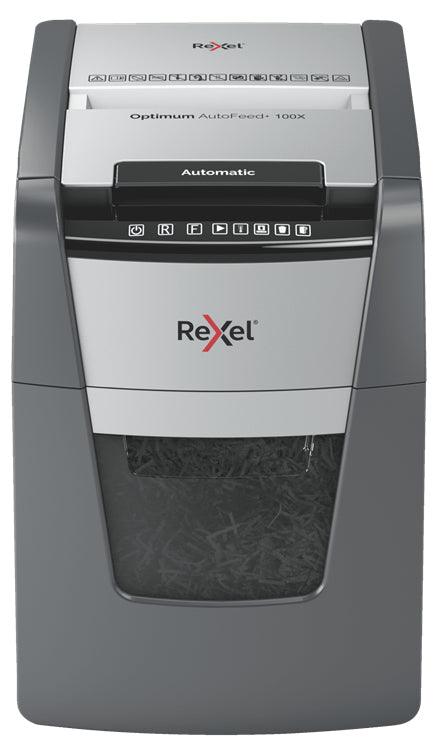 Rexel Optimum AutoFeed+ 100X – Aktenvernichter mit Autofeed 100 Blatt, DIN P-4, Partikelschnitt 4 × 28 mm, 34
