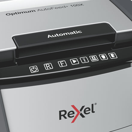 Rexel Optimum AutoFeed+ 100X – Aktenvernichter mit Autofeed 100 Blatt, DIN P-4, Partikelschnitt 4 × 28 mm, 34