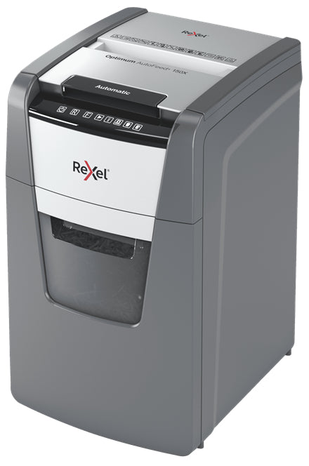 Rexel Optimum AutoFeed+ 150X – Aktenvernichter mit Autofeed 150 Blatt, DIN P-4, Partikelschnitt 4 × 28 mm, 44
