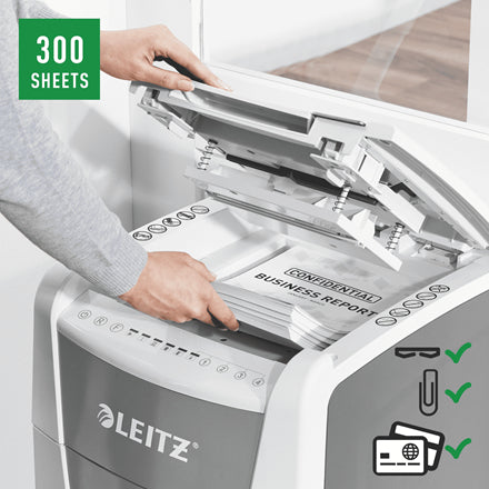 Leitz IQ Autofeed 300 – Aktenvernichter mit Autofeed 300 Blatt, DIN P-5, Mikroschnitt 2 × 15 mm, 8 Blatt, 60 l
