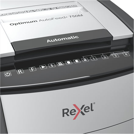 Rexel Optimum AutoFeed+ 750M – Aktenvernichter mit Autofeed 750 Blatt, DIN P-5, Mikroschnitt 2 × 15 mm, 140 l