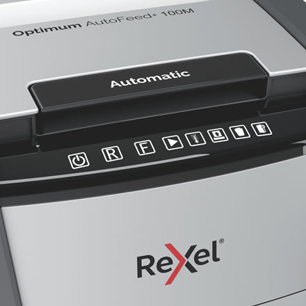Rexel Optimum AutoFeed+ 100M – Aktenvernichter mit Autofeed 100 Blatt, DIN P-5, Mikroschnitt 2 × 15 mm, 34 l