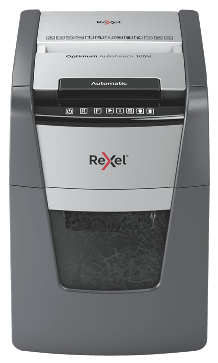 Rexel Optimum AutoFeed+ 100M – Aktenvernichter mit Autofeed 100 Blatt, DIN P-5, Mikroschnitt 2 × 15 mm, 34 l