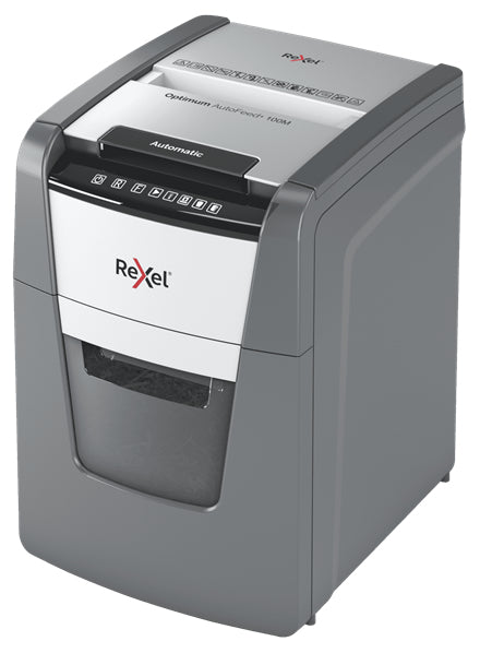 Rexel Optimum AutoFeed+ 100M – Aktenvernichter mit Autofeed 100 Blatt, DIN P-5, Mikroschnitt 2 × 15 mm, 34 l
