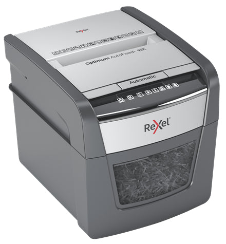 Rexel Optimum AutoFeed+ 45X – Aktenvernichter mit Autofeed 45 Blatt, DIN P-4, Partikelschnitt 4 × 28 mm, 20 l