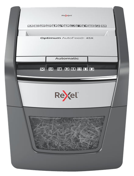Rexel Optimum AutoFeed+ 45X – Aktenvernichter mit Autofeed 45 Blatt, DIN P-4, Partikelschnitt 4 × 28 mm, 20 l