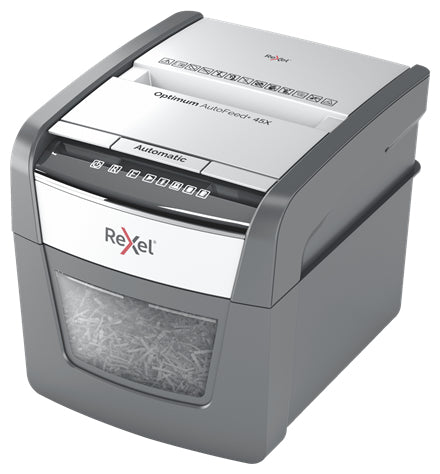 Rexel Optimum AutoFeed+ 45X – Aktenvernichter mit Autofeed 45 Blatt, DIN P-4, Partikelschnitt 4 × 28 mm, 20 l