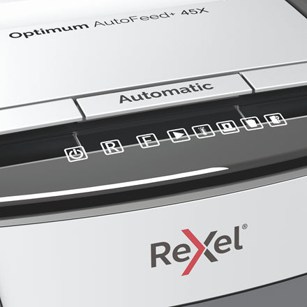 Rexel Optimum AutoFeed+ 45X – Aktenvernichter mit Autofeed 45 Blatt, DIN P-4, Partikelschnitt 4 × 28 mm, 20 l