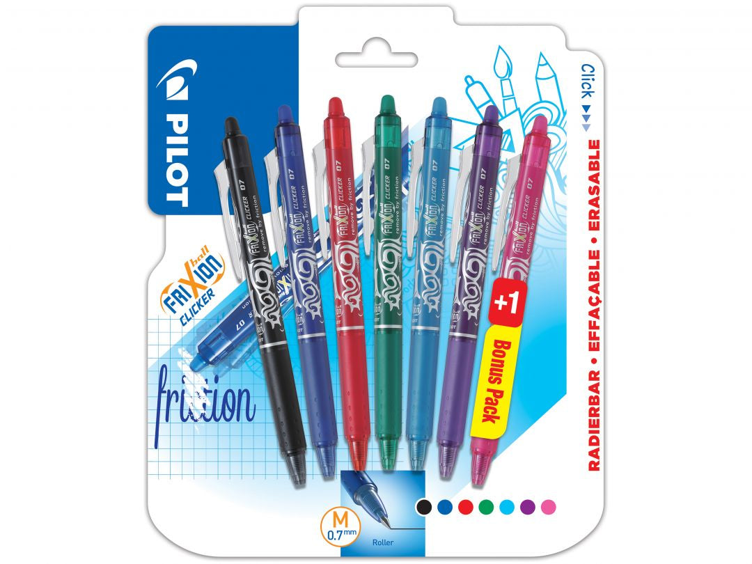 Pilot FriXion Clicker Gelschreiber, Druckmechanik – 7 Farben, Spitze 0,7 mm, radierbar, 7er-Set