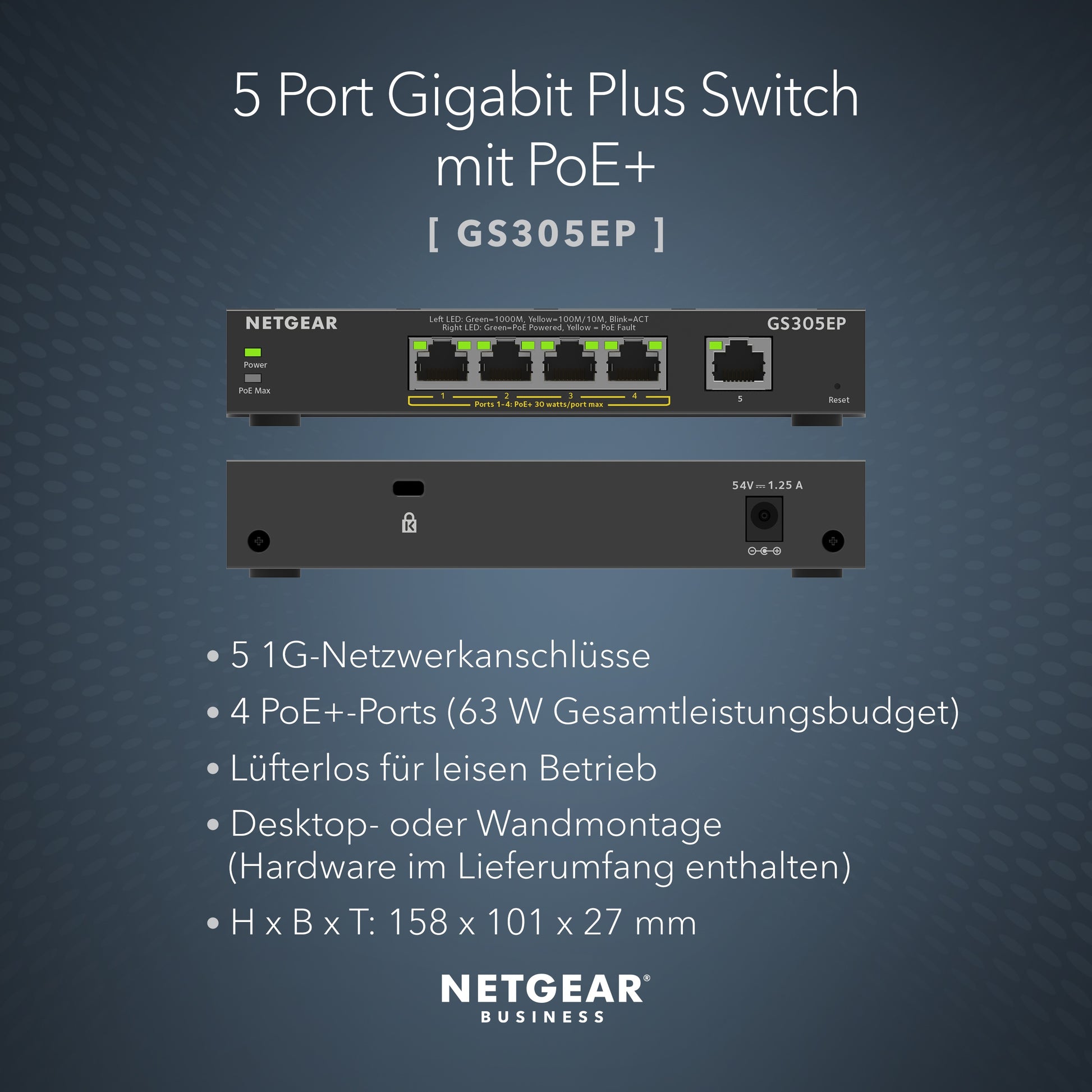 NETGEAR GS305EP – Managed L2/L3 Switch – 5× 1G (4× PoE+), PoE-Budget 63 W