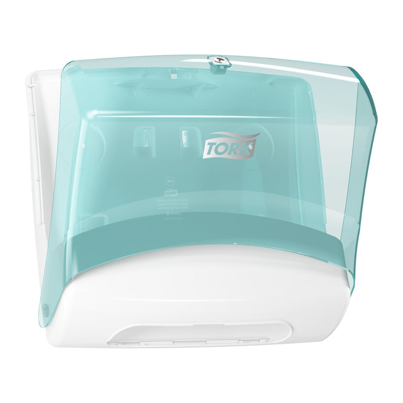Tork Einzeltuchspender 654000 – Kunststoff, türkis/weiss, für TORK W4 Nachfüllung – 42,7 × 20,6 × 39,4 cm
