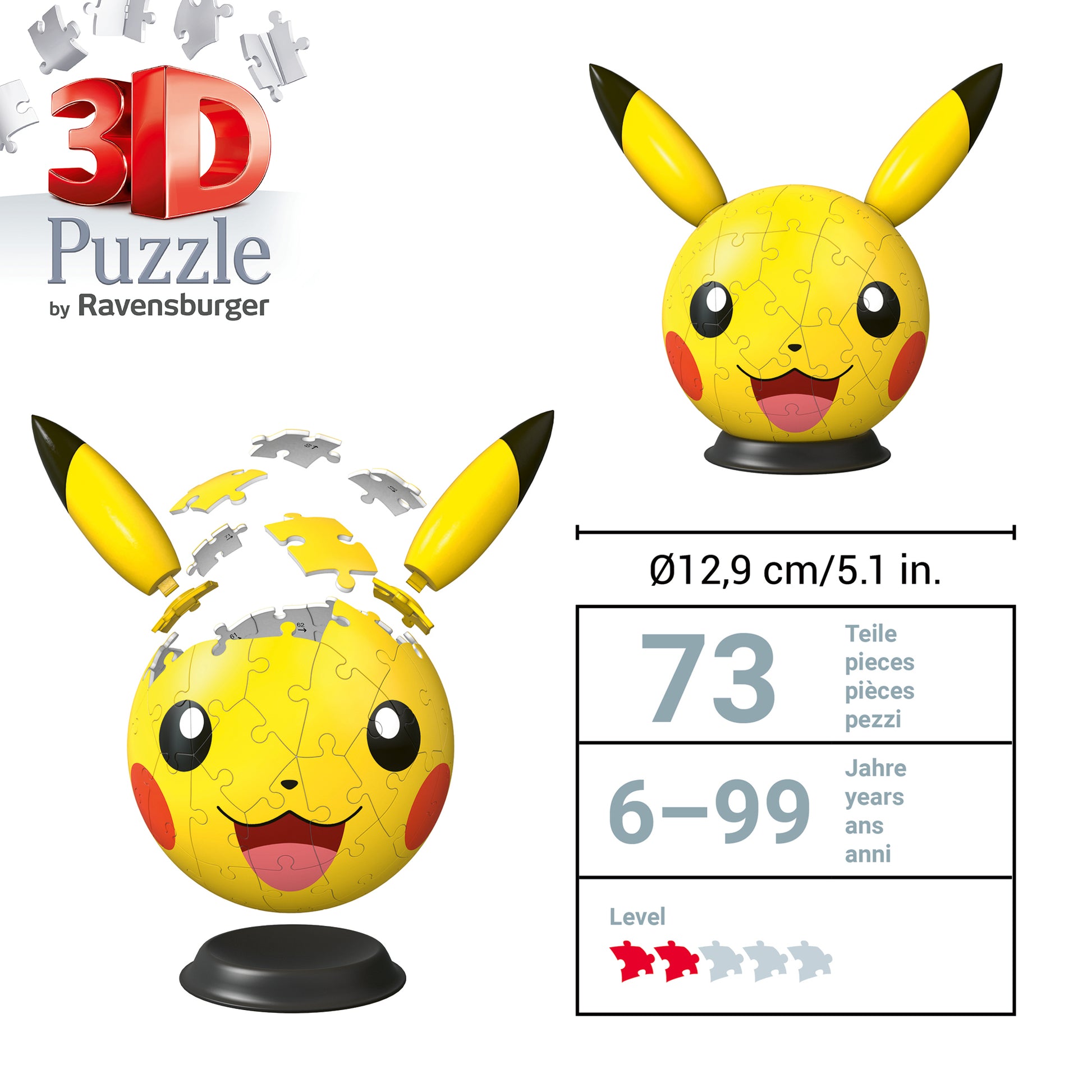 Ravensburger 3D Puzzle Pokémon Pikachu mit Ohren – 72 Teile – Ø 20 cm – Kunststoff – ab 6 J. – FSC
