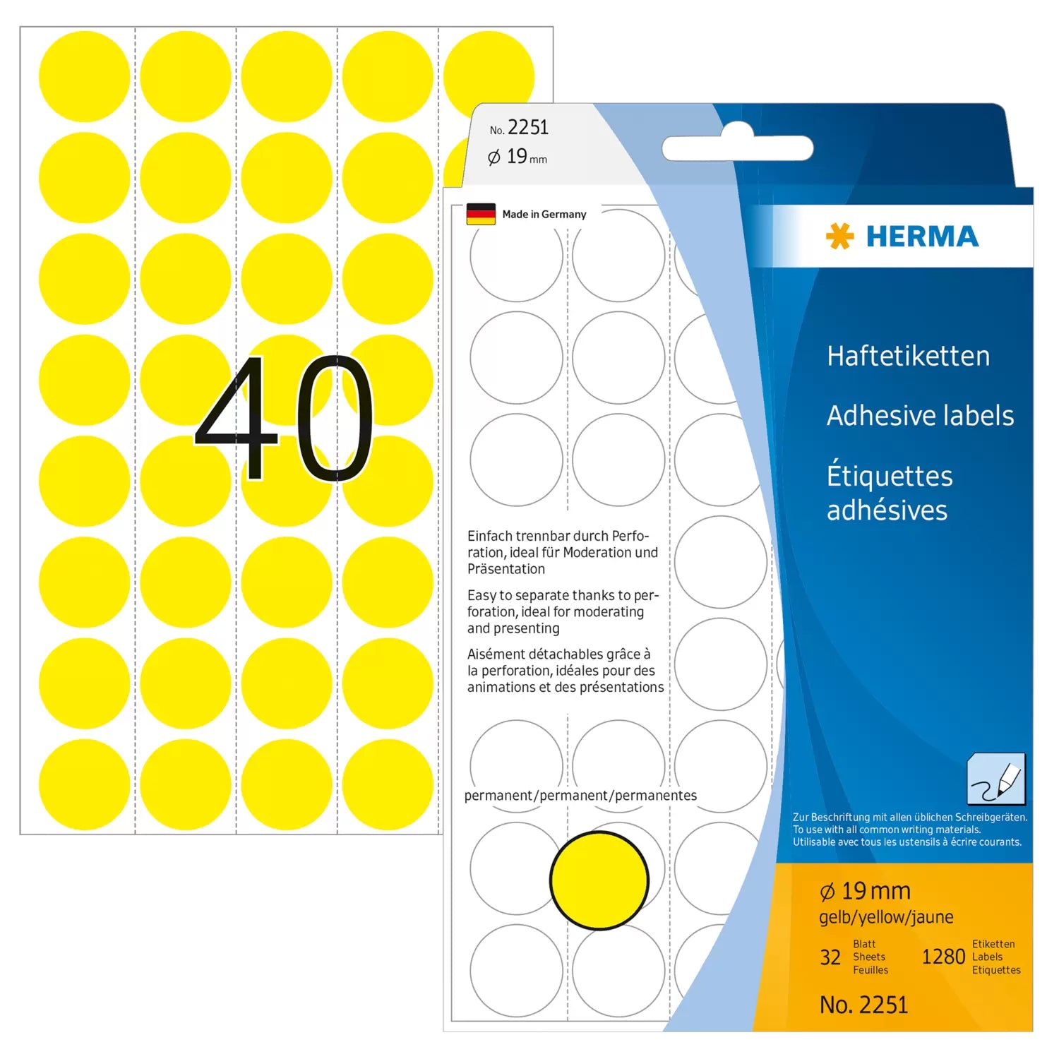 HERMA Haftetiketten – Ø 19 mm, permanent, gelb, 32 Blatt (1'280 Stk.)