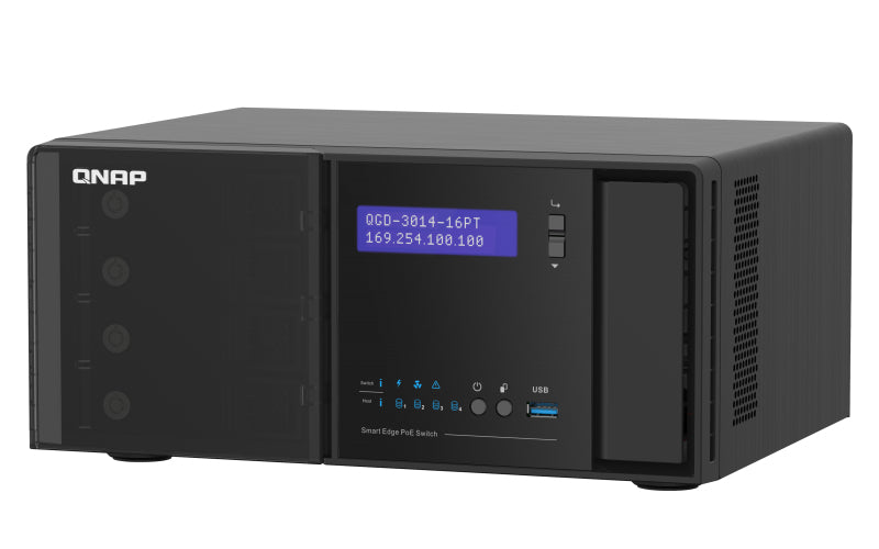 QNAP QGD-3014-16PT – Managed Switch – 14× 1G, 2× SFP (Combo), 16× PoE+, PoE-Budget 140 W
