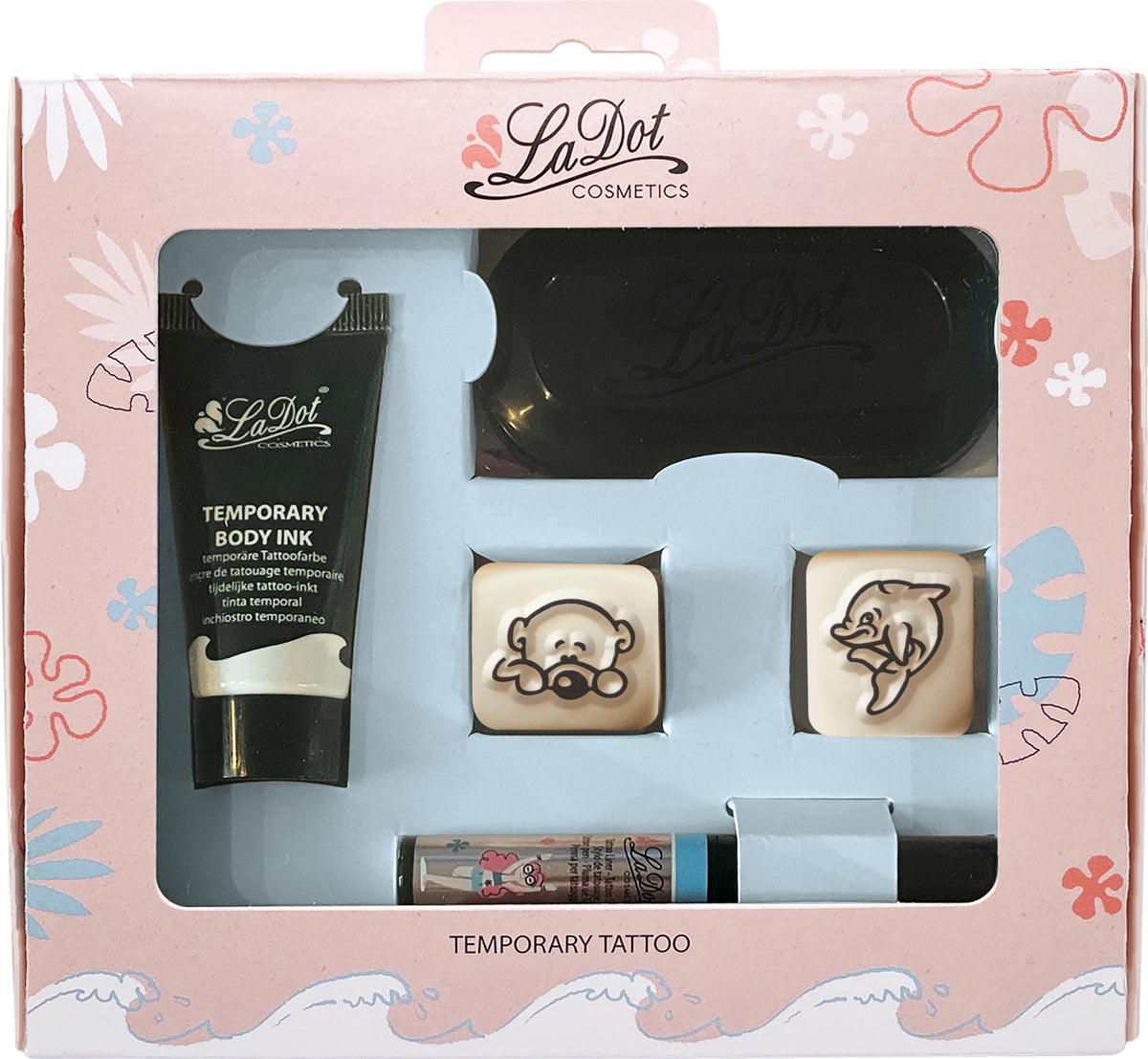 Colop LaDot – Tattoo-Set – Delphin & Bär – 15 ml Tinte, Stempelkissen 7,5 × 3,5 cm, 80 Strasssteine