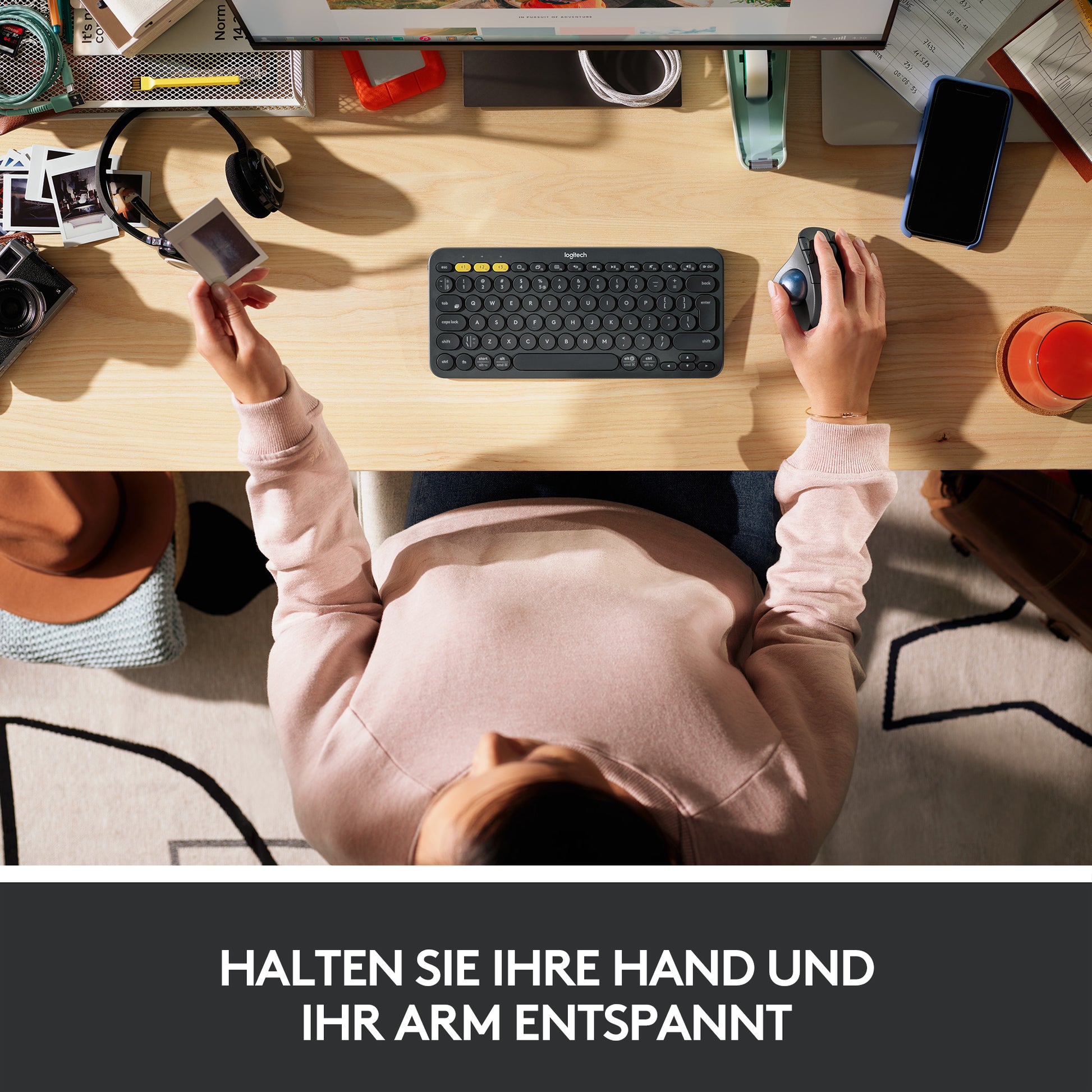 Logitech Ergo M575 Ergonomische Maus – kabellos, Bluetooth + 2,4 GHz, 4 Tasten, für Rechtshänder, schwarz