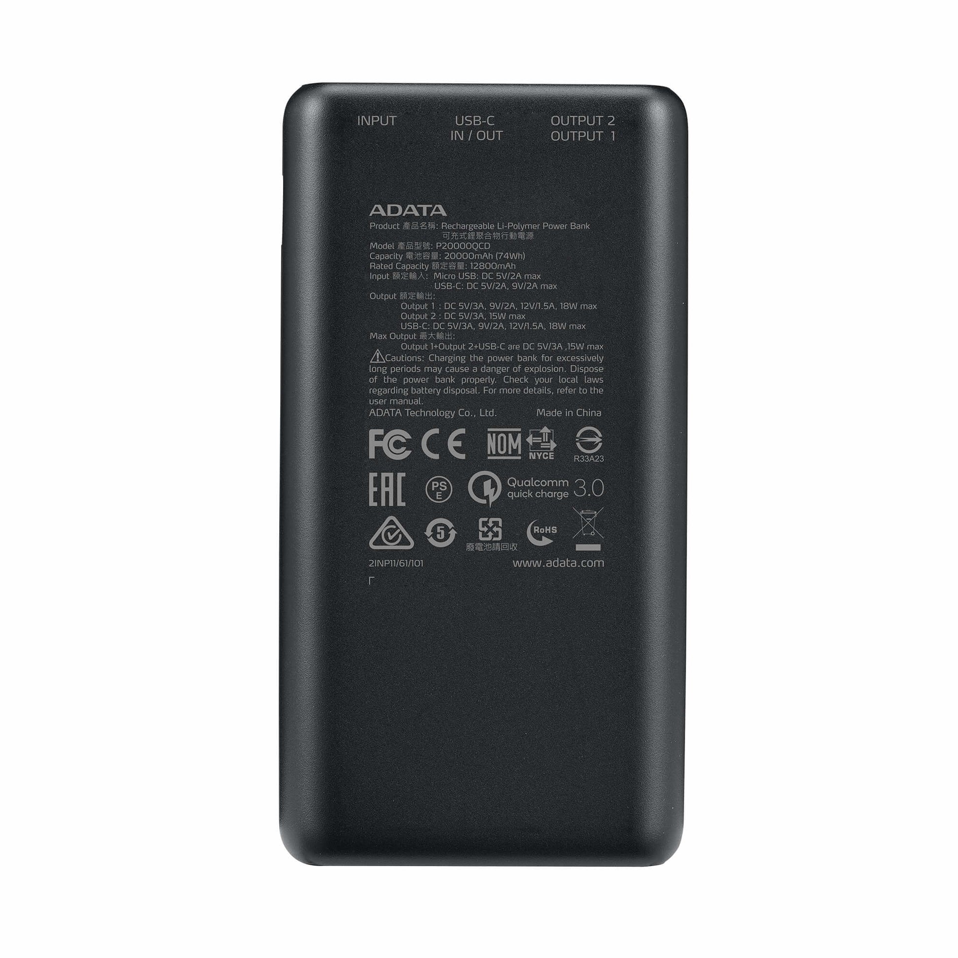 ADATA Powerbank 20000 mAh, PD 18 W, 2× USB-A, 1× USB-C, für Smartphones, Schwarz