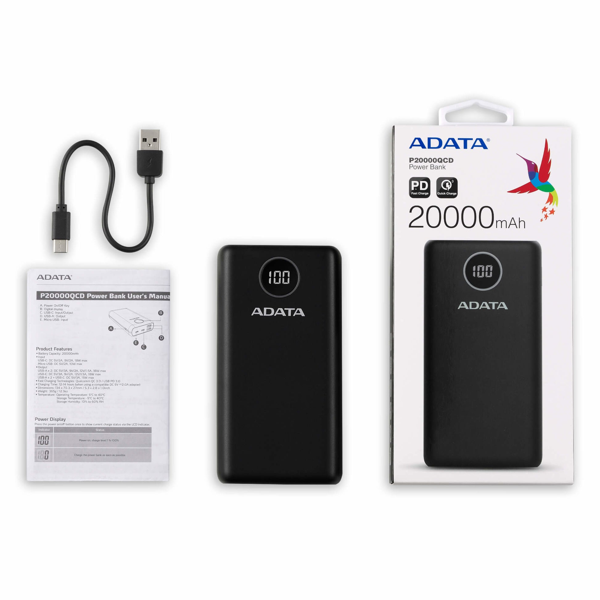 ADATA Powerbank 20000 mAh, PD 18 W, 2× USB-A, 1× USB-C, für Smartphones, Schwarz
