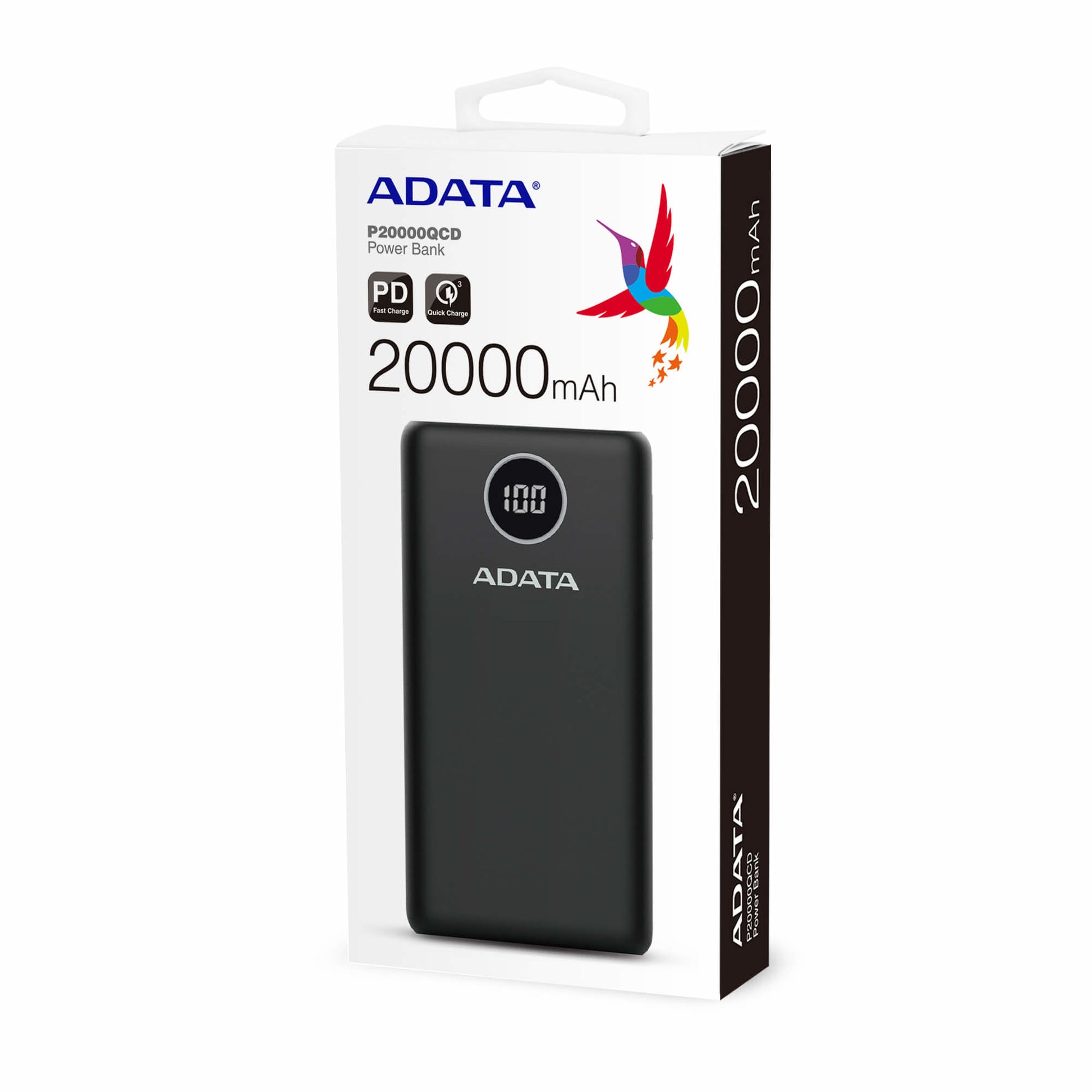 ADATA Powerbank 20000 mAh, PD 18 W, 2× USB-A, 1× USB-C, mit LCD-Display, für Smartphones, Weiss
