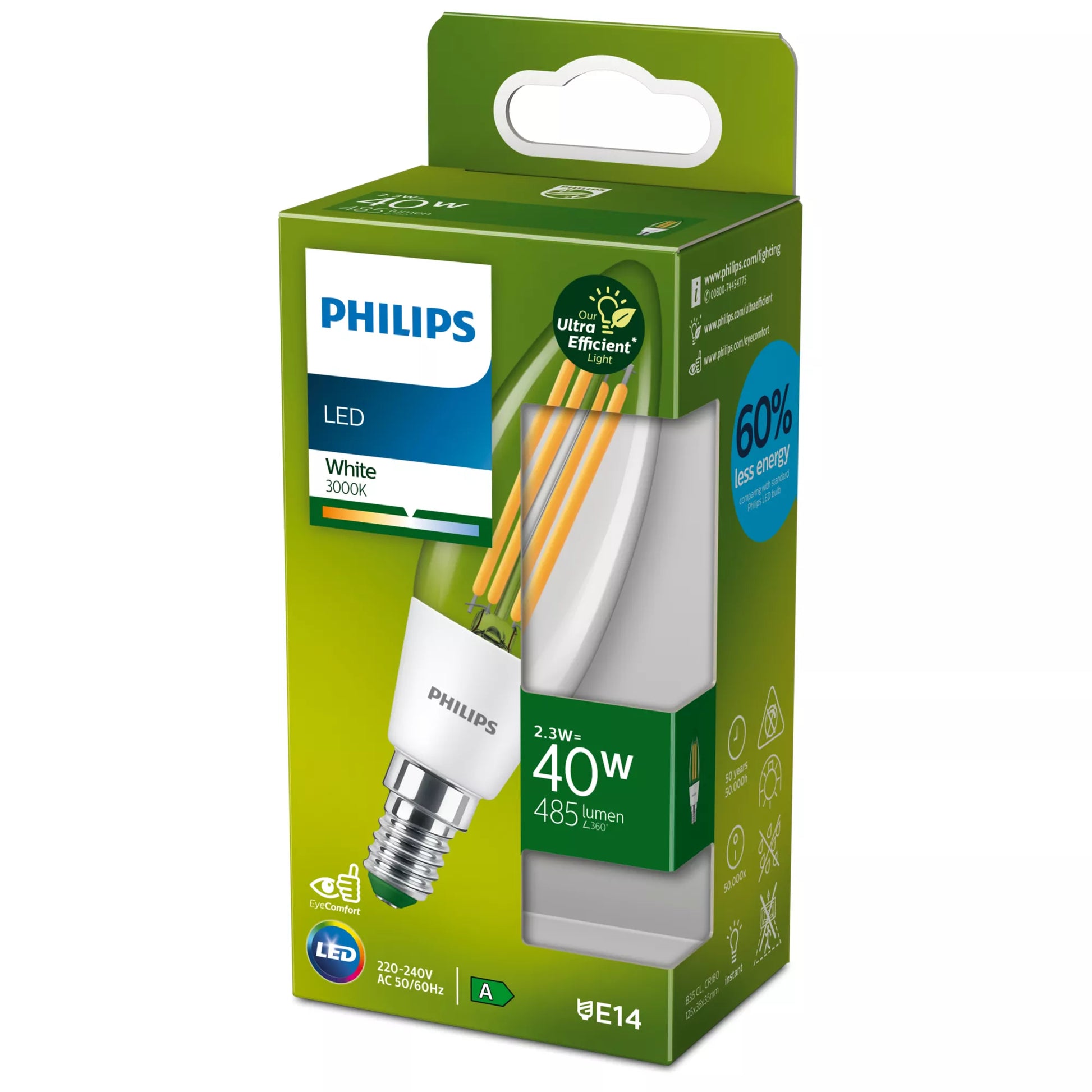 Philips by Signify Philips LED-Leuchtmittel E14 Kerze – Warmweiss 3000 K, 485 lm, 2,3 W – Klar – 1 Stk.
