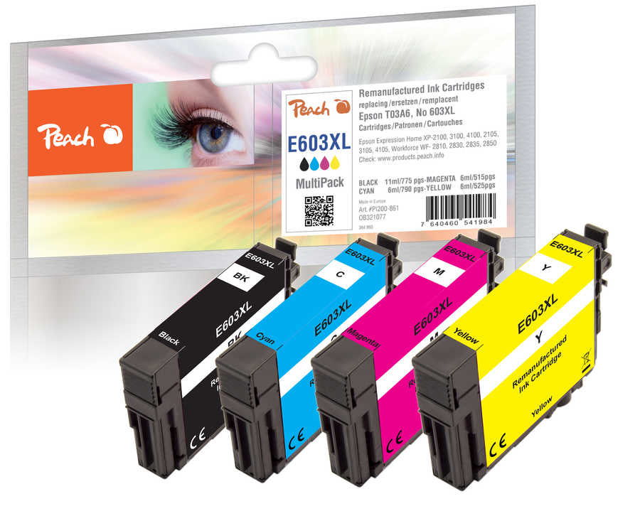 Peach Tintenpatronen-Multipack 603XL, CMYK, XL, 4er-Pack, kompatibel – für Epson XP-2100, XP-3100, WF-2830 usw.