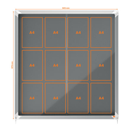 Nobo Schaukasten Premium Plus, 12 × A4 – Aluminium, Glas, Filz-Rückwand, abschliessbar, 92,5 × 97 × 6,3 cm