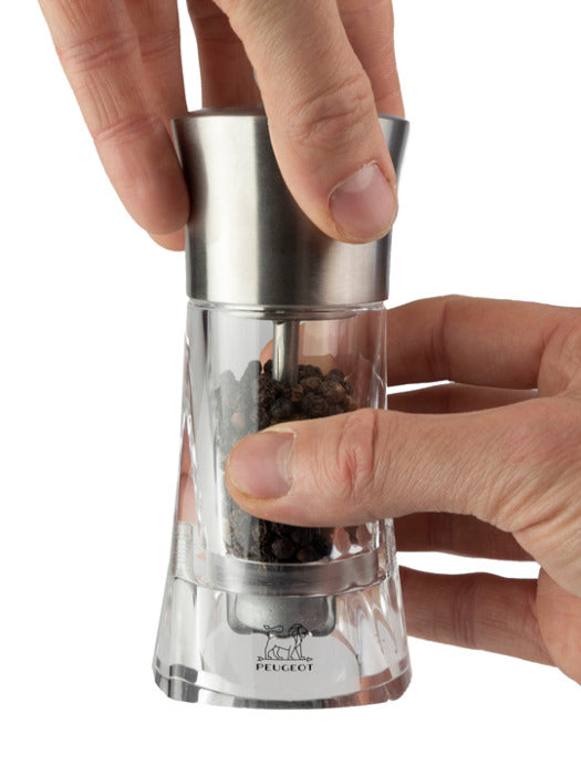 Peugeot Pfeffermühle Ouessant – Einstellbares Mahlwerk, Abnehmbarer Deckel – Acryl/Stahl – Transparent – 14 cm
