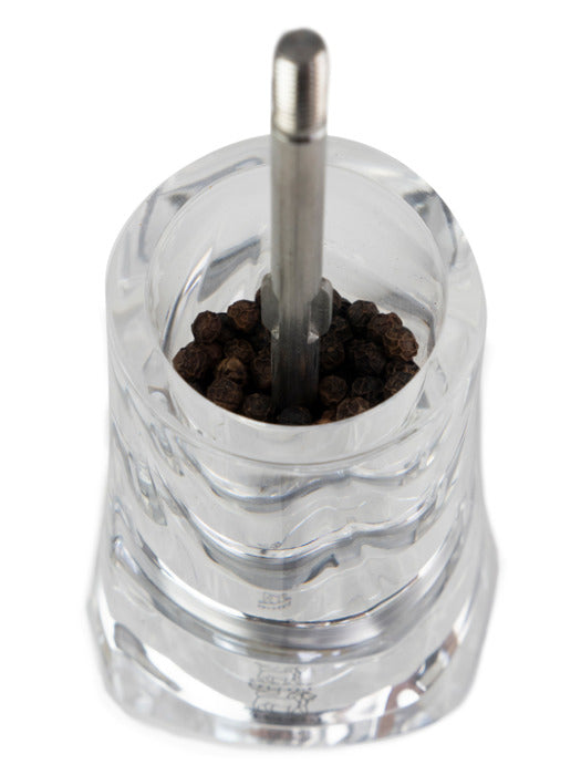 Peugeot Pfeffermühle Ouessant – Einstellbares Mahlwerk, Abnehmbarer Deckel – Acryl/Stahl – Transparent – 14 cm