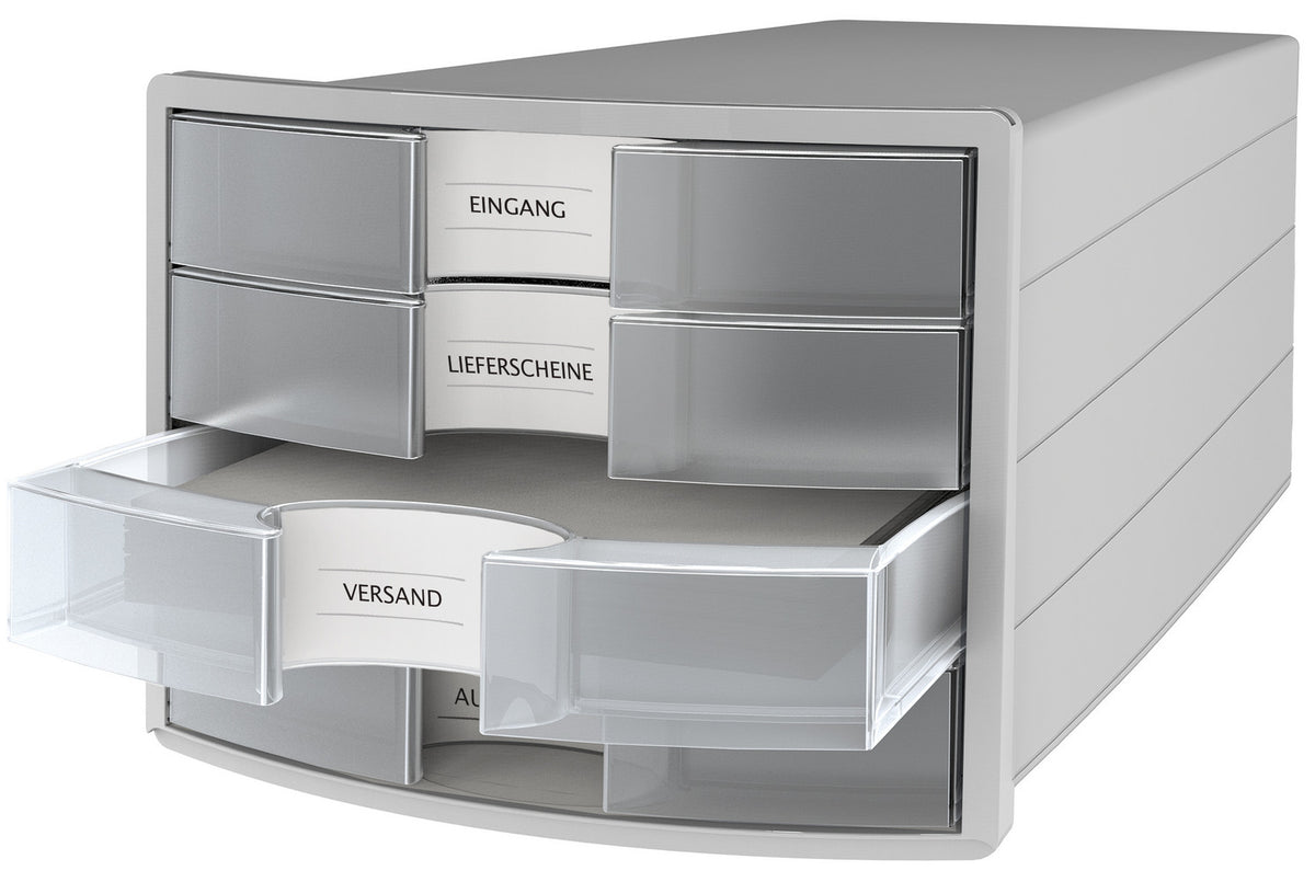 HAN Schubladenbox IMPULS 2.0 – 4 Schubladen, A4/C4, Polystyrol, lichtgrau/transluzent