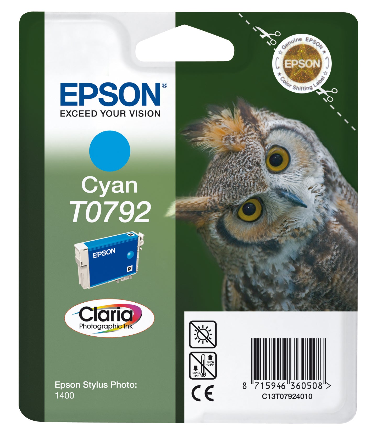 Epson T0792 Cyan Tintenpatrone (Original) – 11,1 ml – für Stylus Photo 1400/P50/1500W – C13T07924020