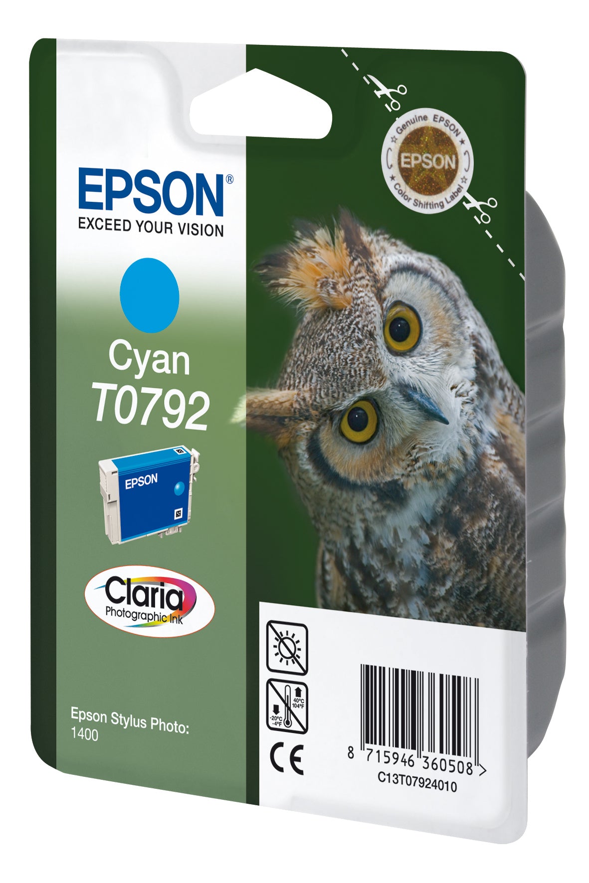 Epson T0792 Cyan Tintenpatrone (Original) – 11,1 ml – für Stylus Photo 1400/P50/1500W – C13T07924020