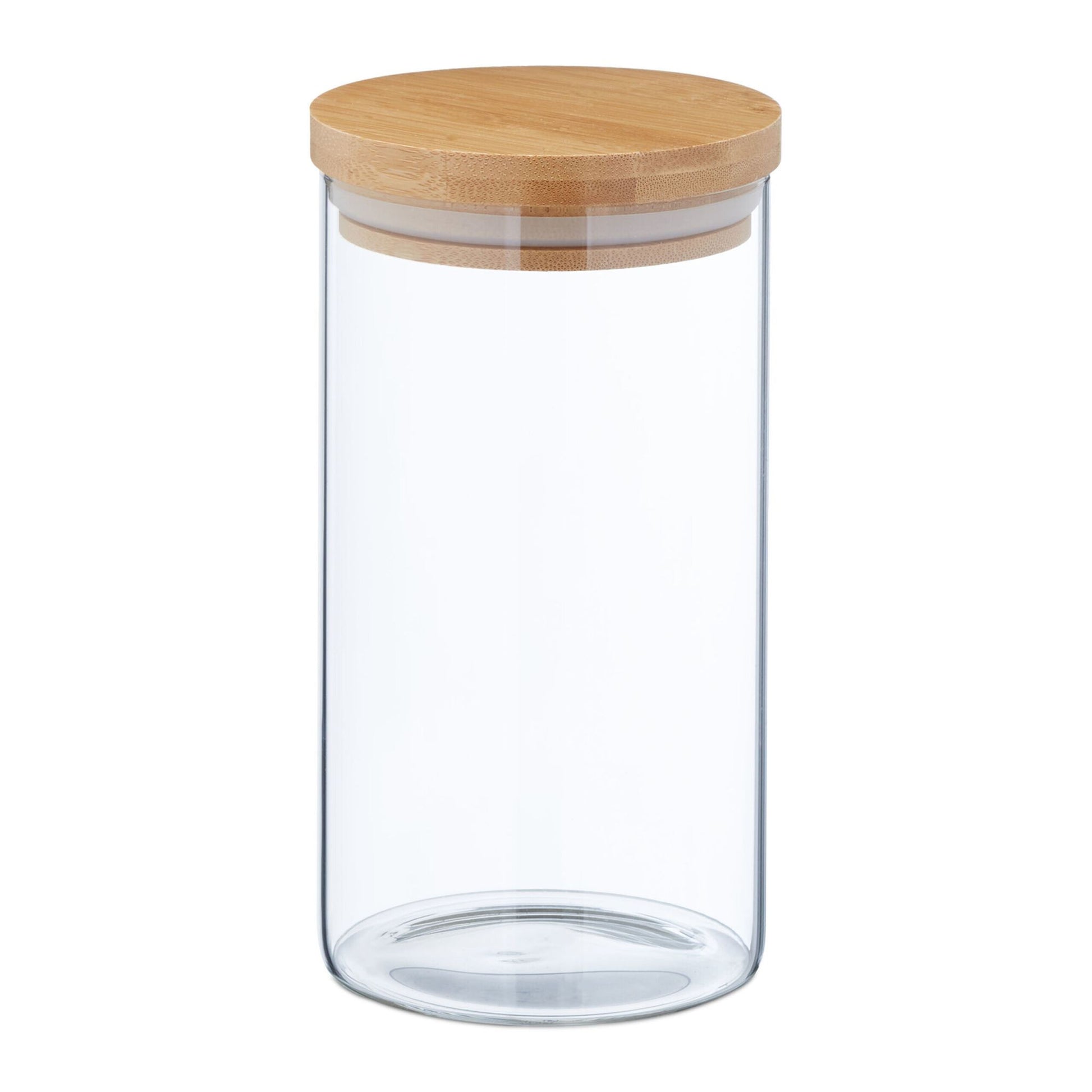 Relaxdays Vorratsdose 1 l, Ø 10 × 18 cm, Glas/Bambus/Silikon, 4er-Set, Transparent/Beige