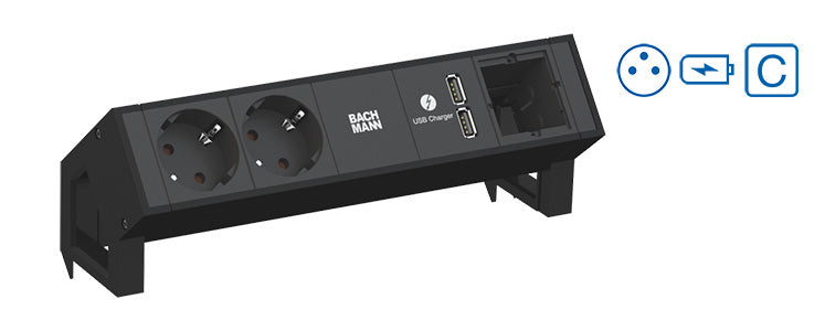 Bachmann DESK2 Steckdoseneinheit – 2×UTE (Typ E), 2×USB 5 V/3,1 A, Tisch/Einbau, GST18 0,2 m
