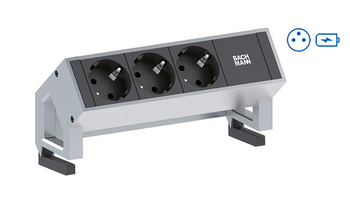 Bachmann DESK2 Steckdoseneinheit – 1×UTE (Typ E), 2×USB 5 V/3,1 A (15,5 W), 0,2 m GST18, Edelstahl