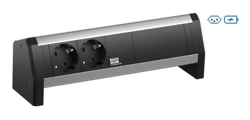 Bachmann DESK 1 Tischsteckdosenleiste, 2×T13, 2×USB, ohne Schalter, Aluminiumgehäuse – schwarz