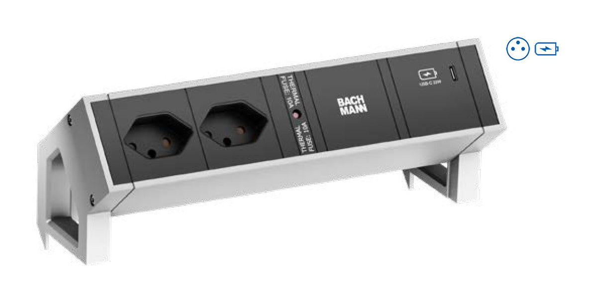 Bachmann DESK2 Steckdoseneinheit – 2×Schuko (Typ E/F), USB-C 60 W, Tisch/Einbau, 0,2 m